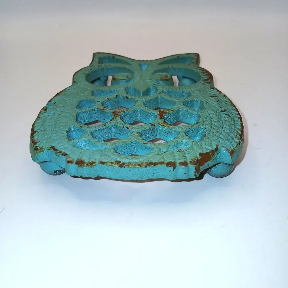 Cast Iron Owl Trivet Turquoise Aqua Blue Rustic Farmhouse 5 1/4